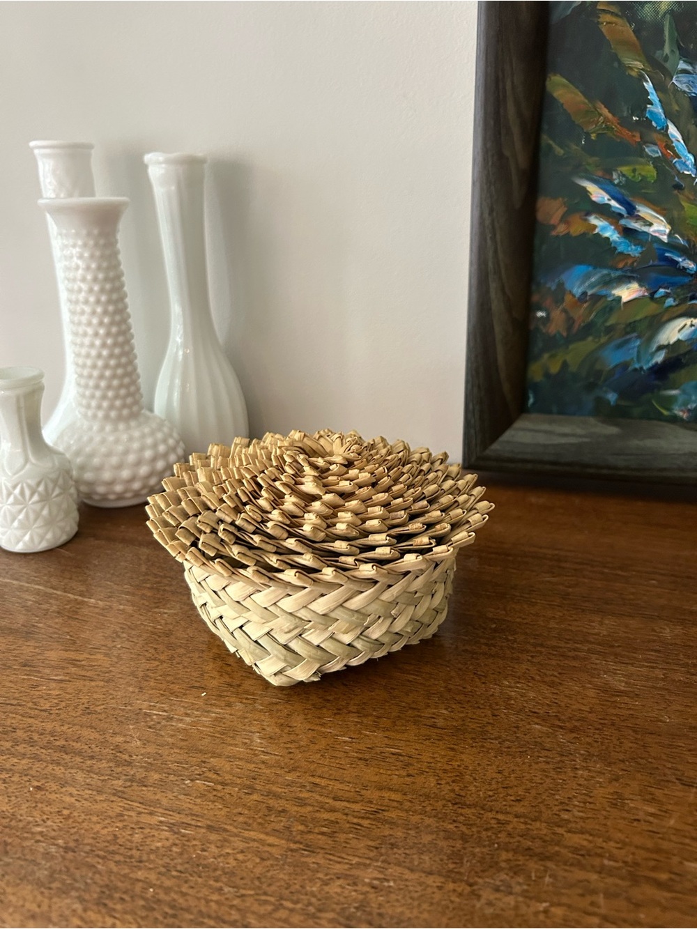 Beautiful, fully intact 10-piece vintage handwoven nesting basket set.